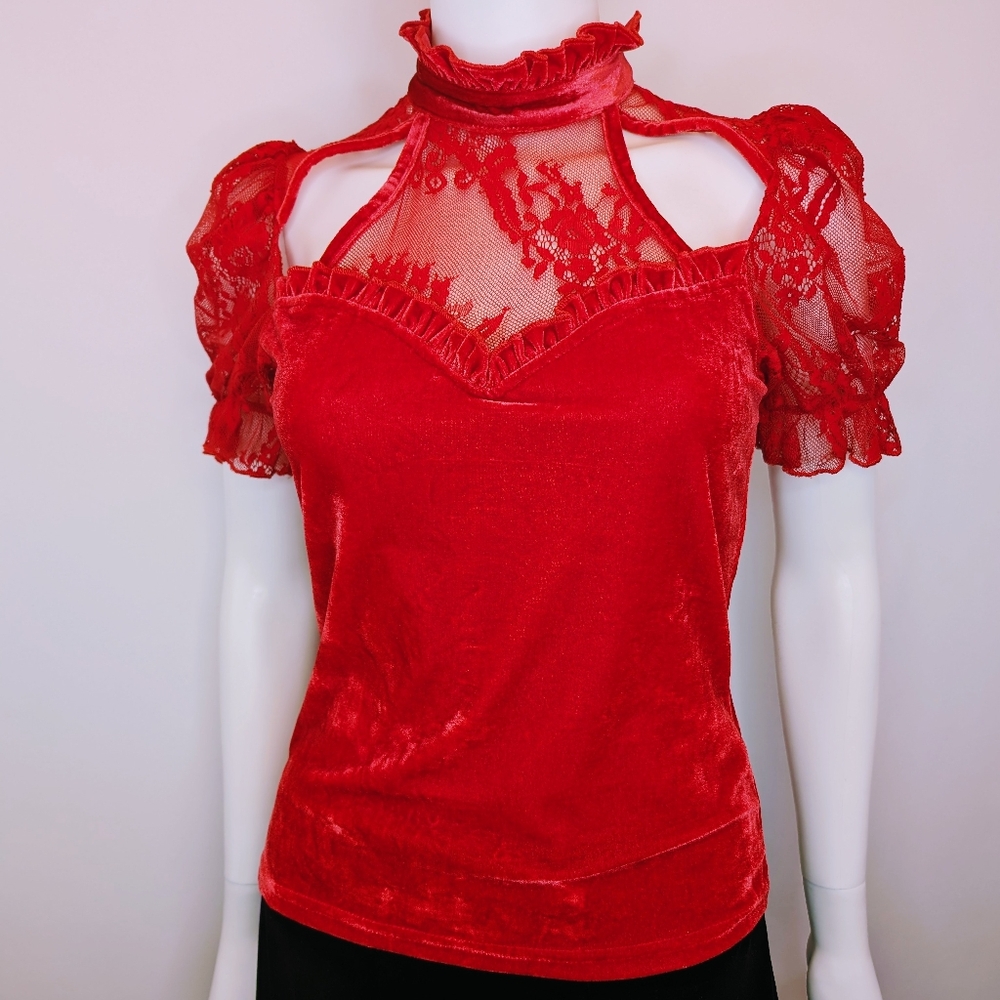Killstar Endora Bright Blood Red Lace Velvet Top Size Small
